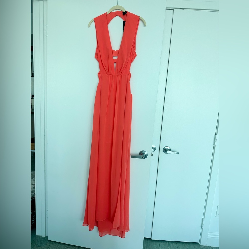 NWT BCBG MaxAzria Neon Orange Pink Deep V Backless Maxi Dress